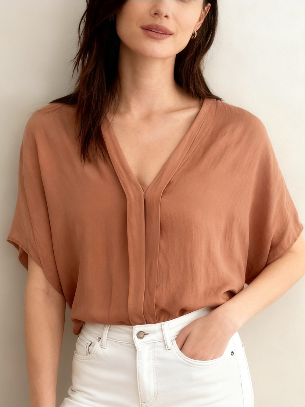 Vince Terracotta V-Neck Dolman Short Sleeve Blouse Size S
